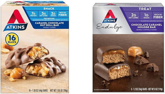 Atkins Caramel Chocolate Nut Roll Protein Snack Bar, High Fiber, 2g Sugar, 16 Count & Endulge Chocolate Caramel Mousse Bar, Low Sugar, High Fiber, 5 Count