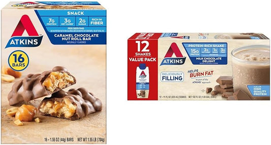 Atkins Caramel Chocolate Nut Roll Snack Bar & Milk Chocolate Delight Protein Shake Bundle - High Protein, Low Sugar, 16 Bars & 15 Shakes