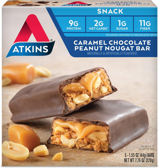 Atkins Caramel Chocolate Peanut Nougat Snack Bar, High Protein, Low Sugar, Keto-Friendly, 5 Bars
