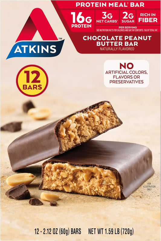 Atkins Chocolate Peanut Butter Protein Meal Bars - High Fiber, 16g Protein, 2g Sugar, 3g Net Carb - 12 Count - Meal Replacement, Low Carb, Keto Friendly