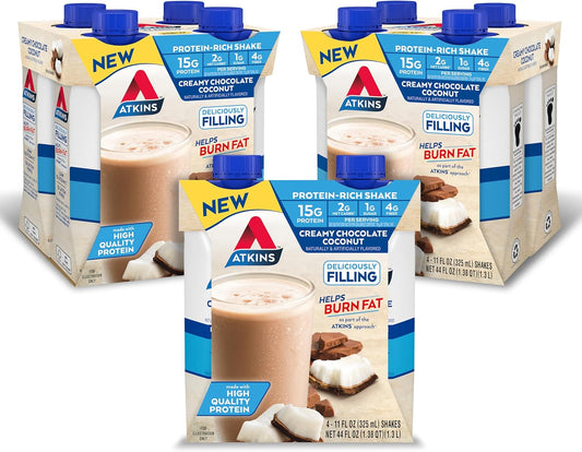 Atkins Creamy Chocolate Coconut Protein Shake - 12 Count, 15g Protein, 2g Net Carbs, Low Sugar, Keto-Friendly