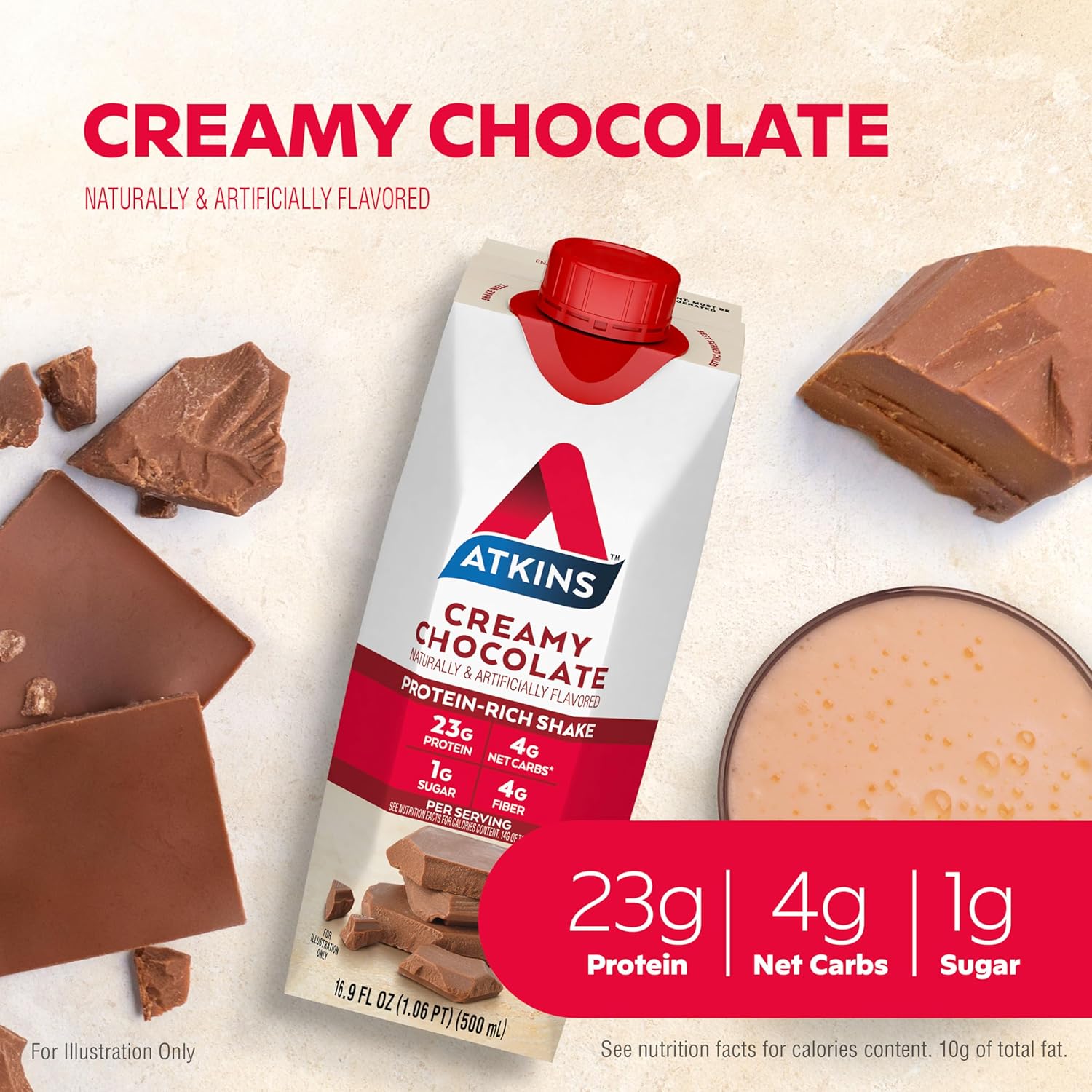 Atkins Creamy Chocolate Protein Shake, 23g Protein, Low Glycemic, 4g Net Carb, Keto Friendly - 12 Pack