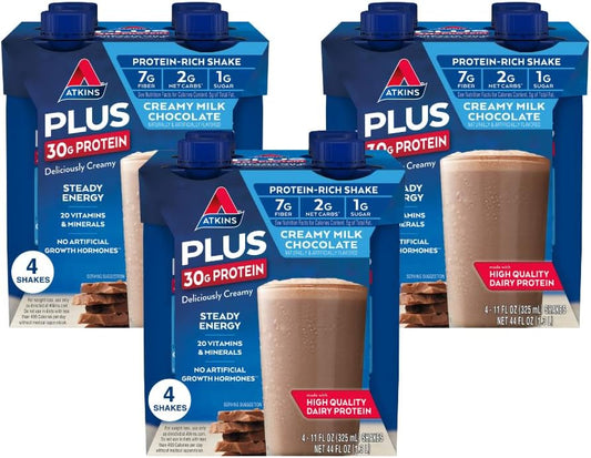 Atkins Creamy Milk Chocolate Protein Shake - 30g Protein, 7g Fiber, 2g Net Carb - Keto Friendly, Low Carb - 12 Count