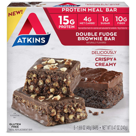 Atkins Double Fudge Brownie Protein Meal Bar: High Fiber, 15g Protein, 1g Sugar, 4g Net Carb - Keto-Friendly Meal Replacement