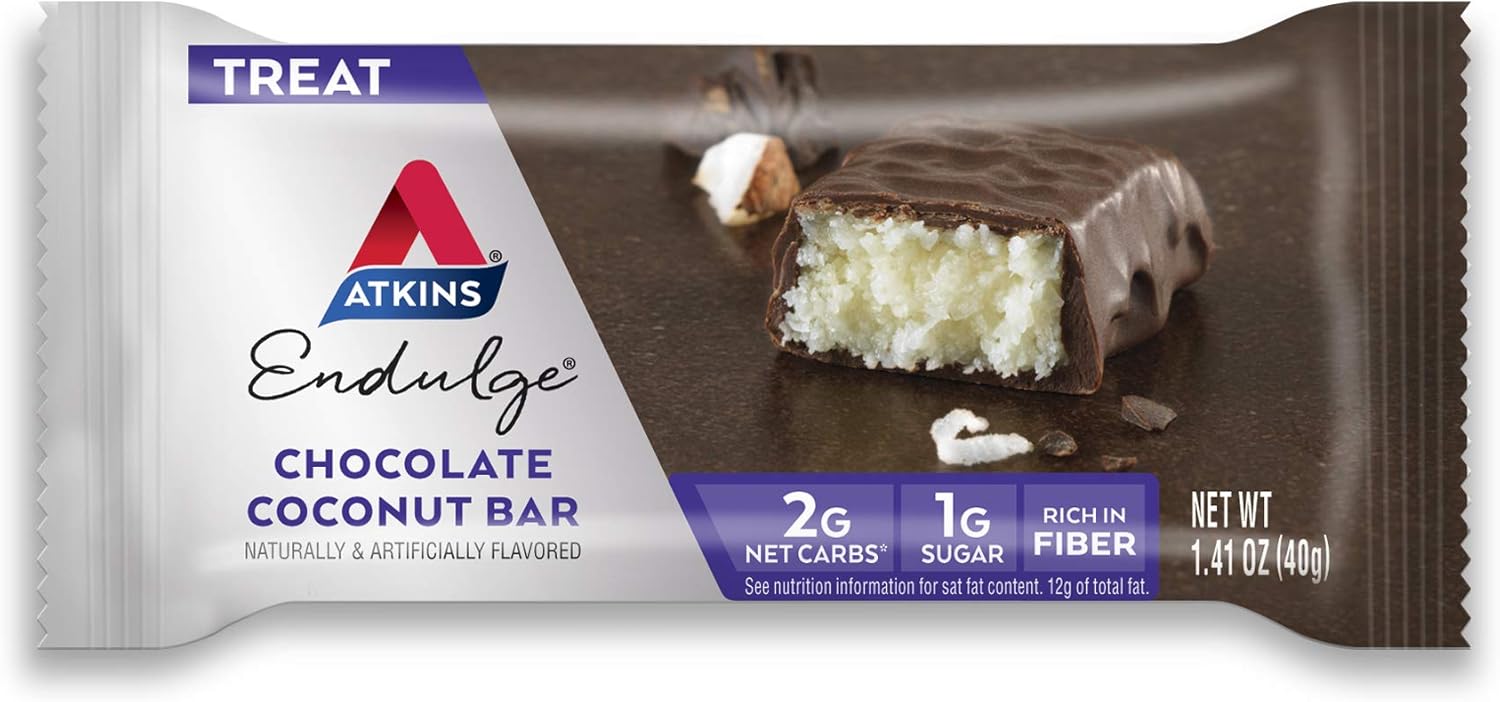 Atkins Endulge Chocolate Caramel & Coconut Bars - Low Sugar, High Fiber Snack, 5 Bars