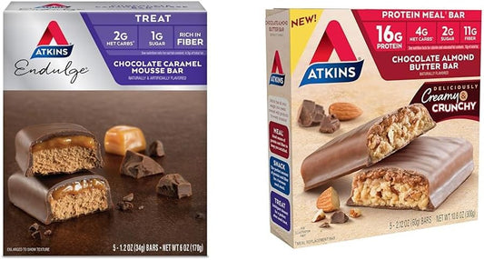 Atkins Endulge Chocolate Caramel Mousse Bar & Chocolate Almond Butter Protein Meal Bar Bundle - Low Sugar, High Fiber, Keto-Friendly, 10 Count
