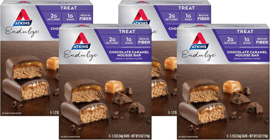 Atkins Endulge Chocolate Caramel Mousse Bars - Low Sugar Dessert, High Fiber Snack, 20 Bars Total