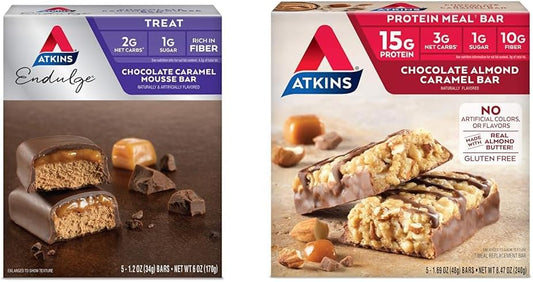 Atkins Endulge Chocolate Caramel Mousse & Chocolate Almond Caramel Bars - 10 Count, Low Sugar, High Fiber, Keto-Friendly