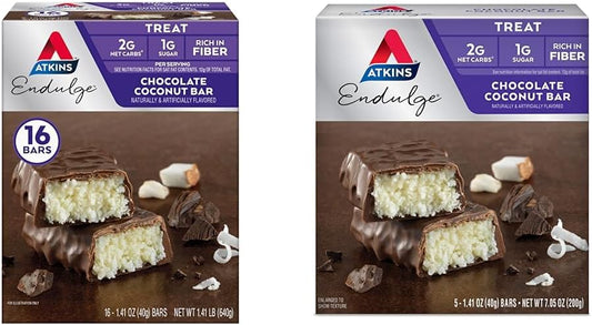 Atkins Endulge Chocolate Coconut Bars - 16 Count & 5 Count Bundles, High Fiber, 1g Sugar, Chocolatey Coconut Flavors