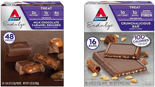 Atkins Endulge Milk Chocolate Caramel Squares 48 Count & Crunchalicious Chocolate Bars 16 Count - Variety Pack for Low Carb Diets