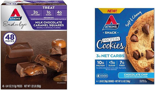 Atkins Endulge Milk Chocolate Caramel Squares, 48 Count & Chocolate Chip Protein Cookie, 4 Count - Variety Pack for Low Carb Snacking
