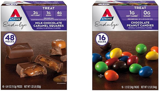 Atkins Endulge Milk Chocolate Caramel Squares and Chocolate Peanut Candies Bundle - High Fiber, Low Sugar, 48 + 16 Count