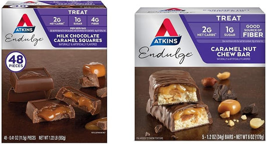 Atkins Endulge Milk Chocolate Caramel Squares & Caramel Nut Chew Bars Bundle - 48 Squares, 5 Bars