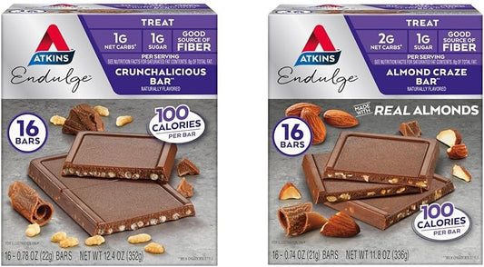 Atkins Endulge Treat Bars, Crunchalicious & Almond Craze Flavors, Low Net Carbs, High Fiber, Keto-Friendly, 16 Count