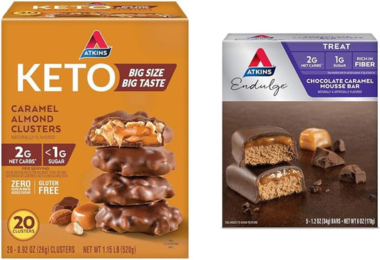 Atkins Gluten Free Caramel Almond Clusters & Chocolate Caramel Mousse Bar Bundle - Low Sugar, High Fiber, Keto Friendly, 25 Count