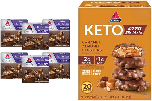 Atkins Pecan Caramel and Caramel Almond Clusters - 80 Count, High Fiber, Low Sugar, Low Carb Snacks