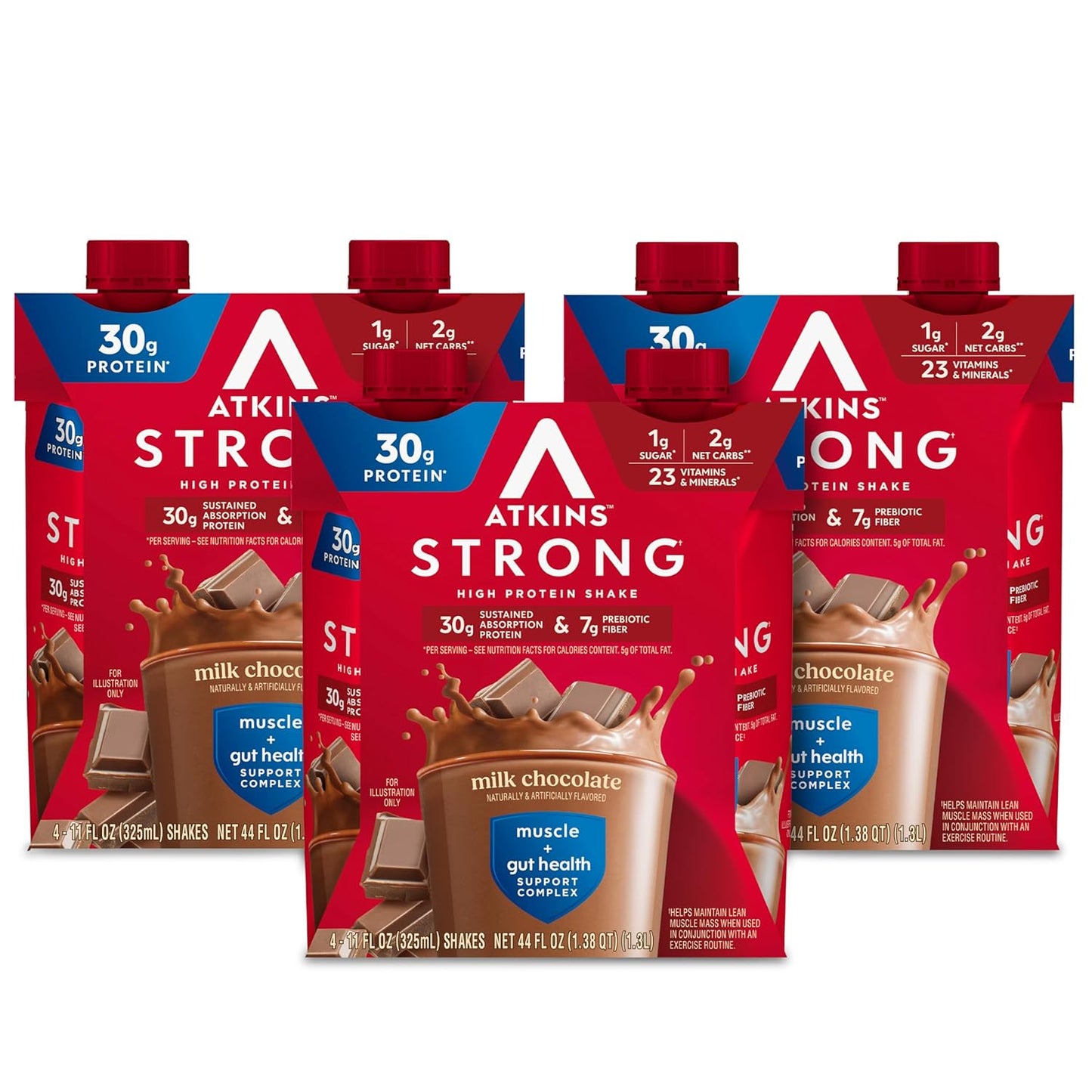 Atkins Strong Milk Chocolate High Protein Shake with 30g Protein, 7g Fiber, Muscle & Gut Health Support, 12 Pack