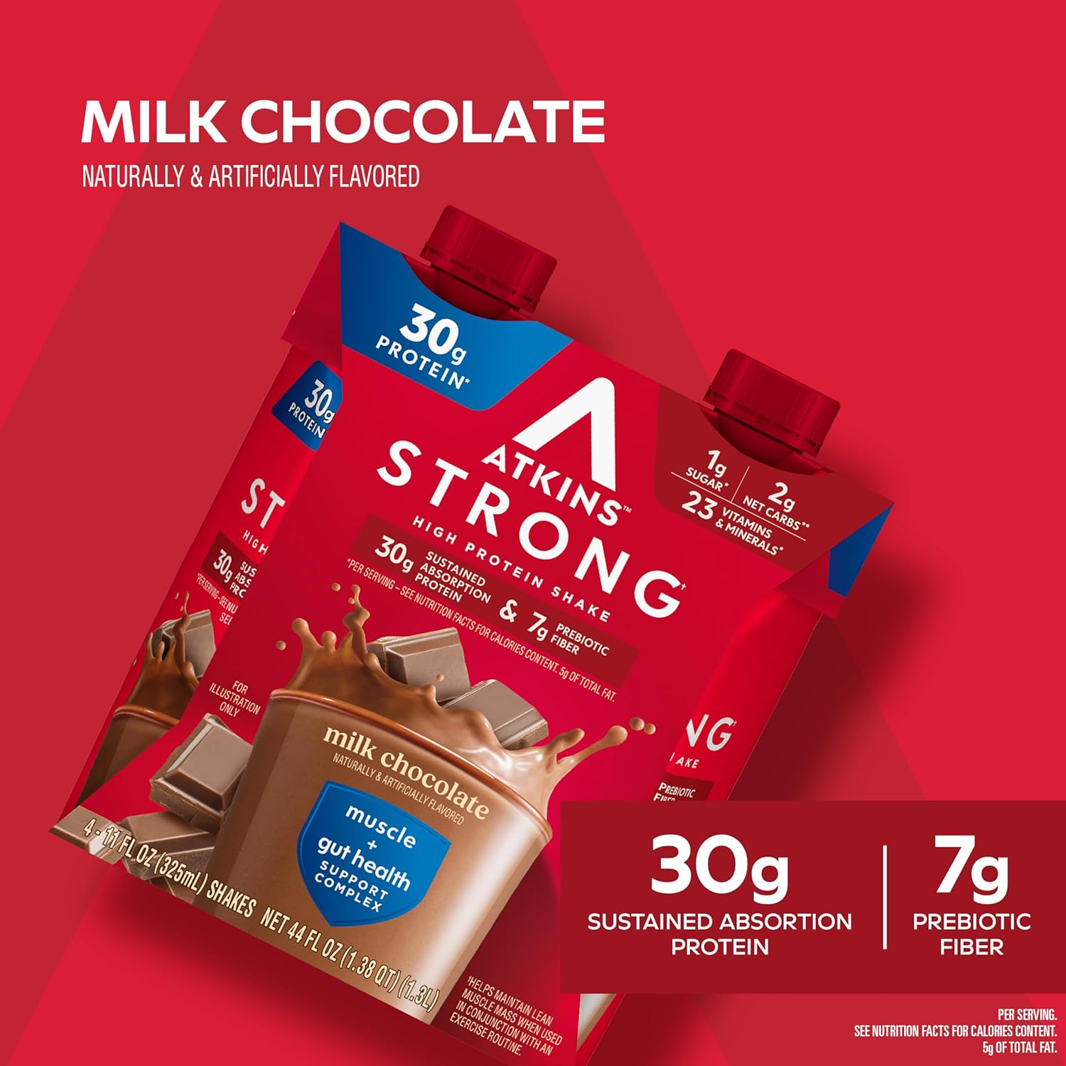 Atkins Strong Milk Chocolate High Protein Shake with 30g Protein, 7g Fiber, Muscle & Gut Health Support, 12 Pack