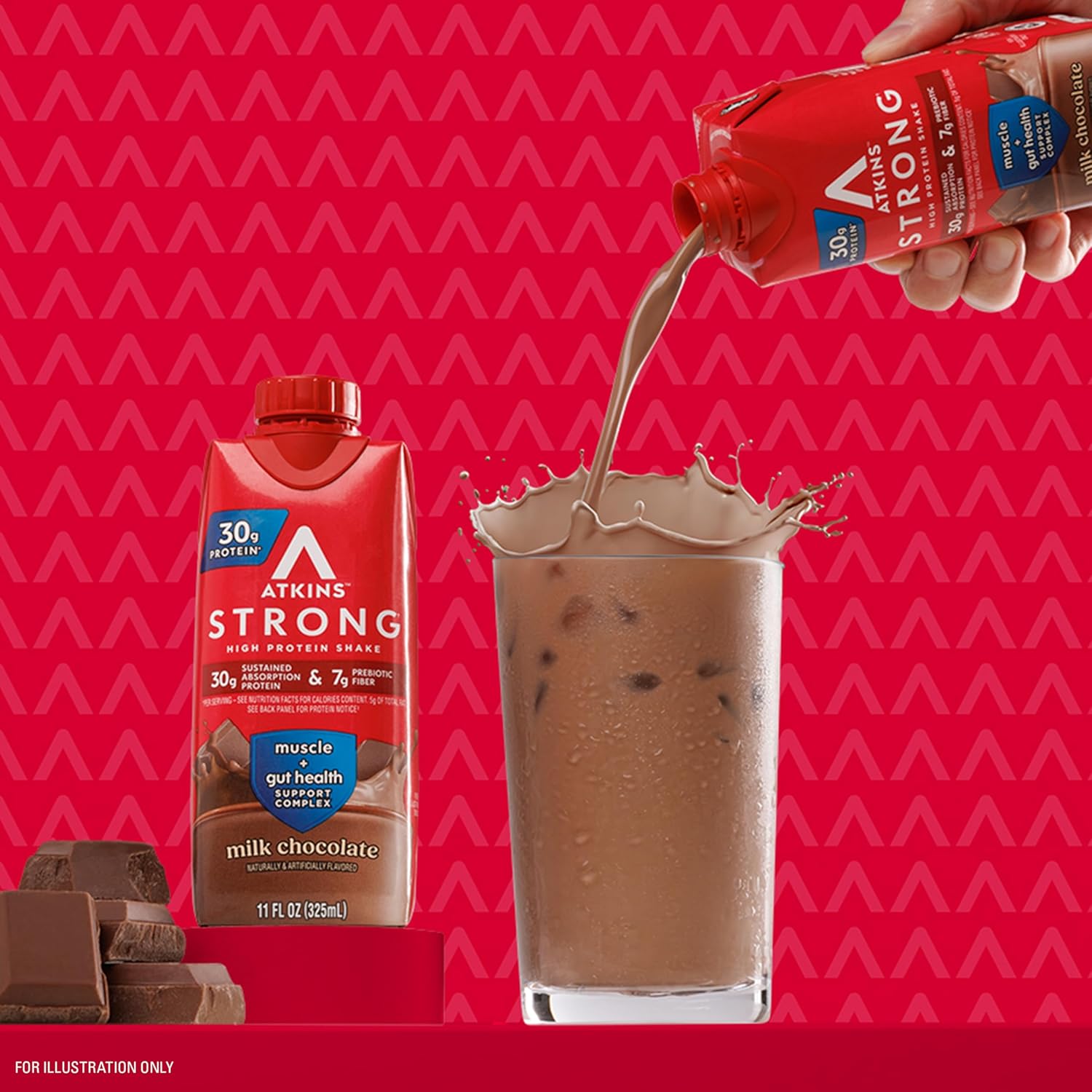 Atkins Strong Milk Chocolate High Protein Shake with 30g Protein, 7g Fiber, Muscle & Gut Health Support, 12 Pack