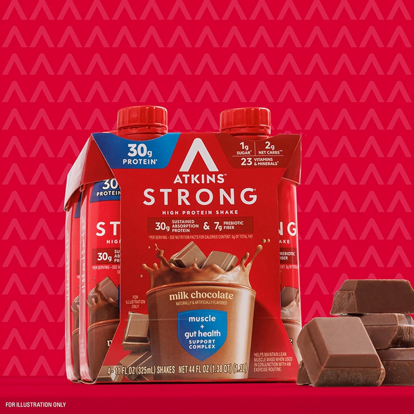 Atkins Strong Milk Chocolate High Protein Shake with 30g Protein, 7g Fiber, Muscle & Gut Health Support, 12 Pack