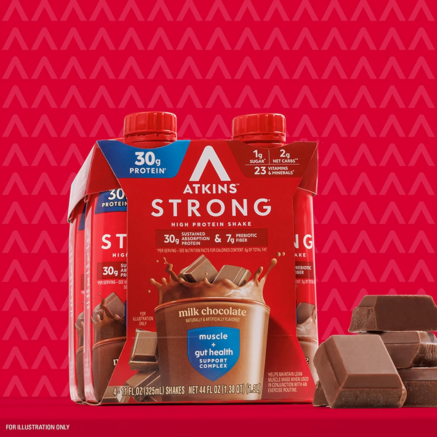 Atkins Strong Milk Chocolate High Protein Shake with 30g Protein, 7g Fiber, Muscle & Gut Health Support, 12 Pack