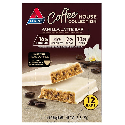 Atkins Vanilla Latte Bar: High Protein, Low Sugar, Low Net Carbs - 12 Count