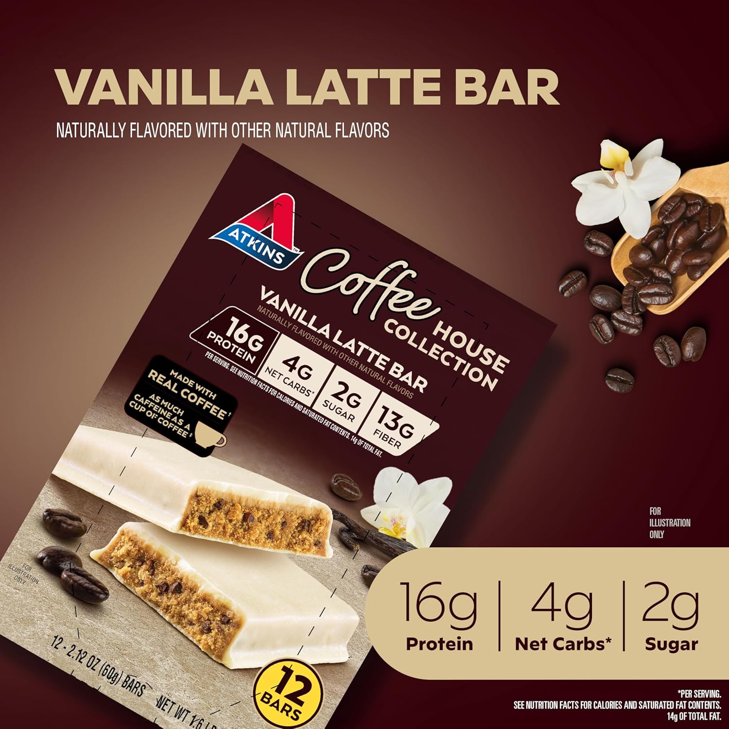 Atkins Vanilla Latte Bar: High Protein, Low Sugar, Low Net Carbs - 12 Count