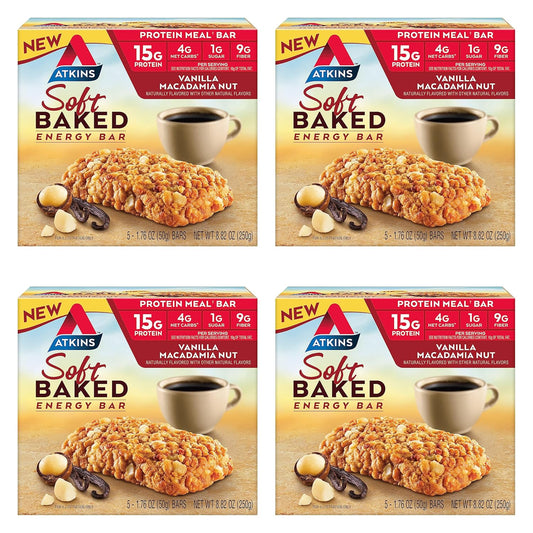 Atkins Vanilla Macadamia Nut Soft Baked Energy Bars - High Protein, Low Sugar, Fiber-Rich - 20 Bars