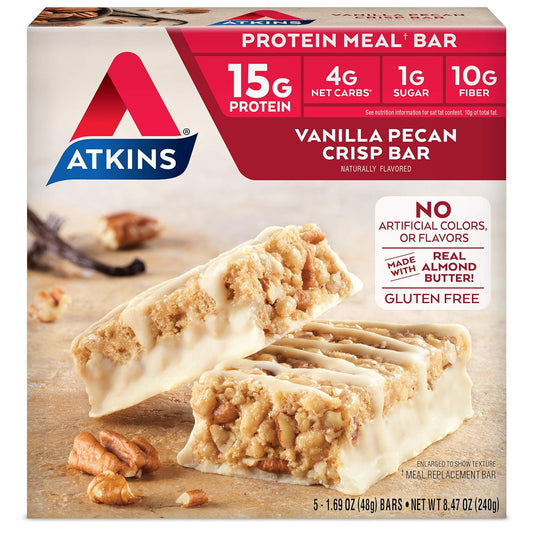 Atkins Vanilla Pecan Crisp Protein Meal Bar - High Fiber, Low Sugar, Keto-Friendly - 5 Count