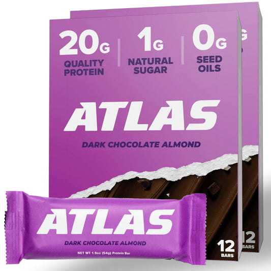 Atlas Protein Bar Dark Chocolate Almond - 20g Protein, 1g Sugar, Gluten Free - 24 Bars