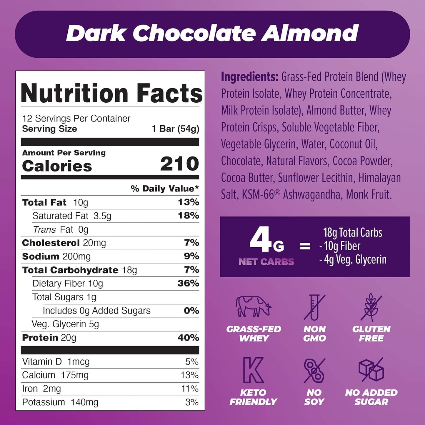 Atlas Protein Bar Dark Chocolate Almond - 20g Protein, 1g Sugar, Gluten Free - 24 Bars