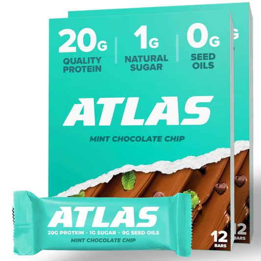 Atlas Protein Bars - Mint Chocolate Chip Flavor, 20g Protein, 1g Sugar, Gluten Free, Clean Ingredients - 24 Bars