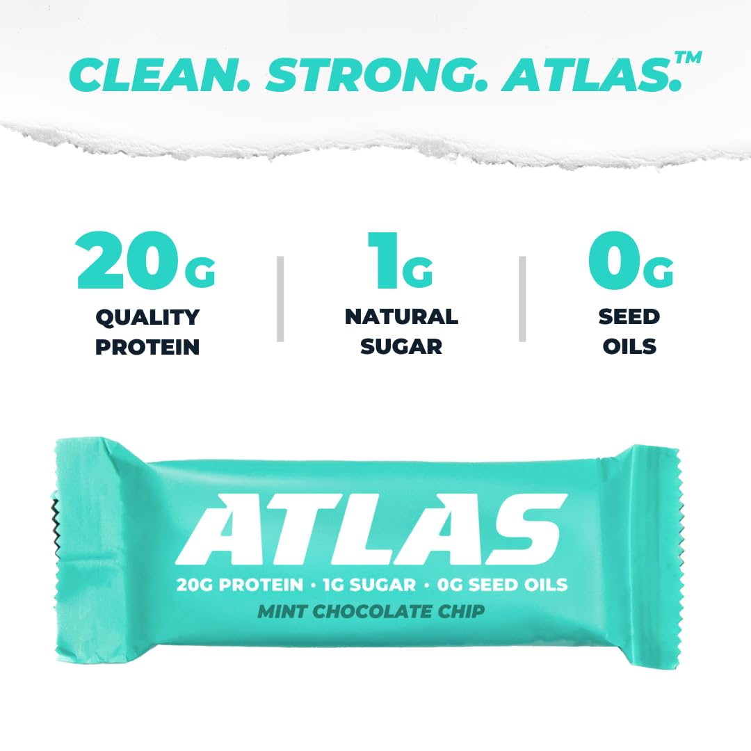 Atlas Protein Bars - Mint Chocolate Chip Flavor, 20g Protein, 1g Sugar, Gluten Free, Clean Ingredients - 24 Bars