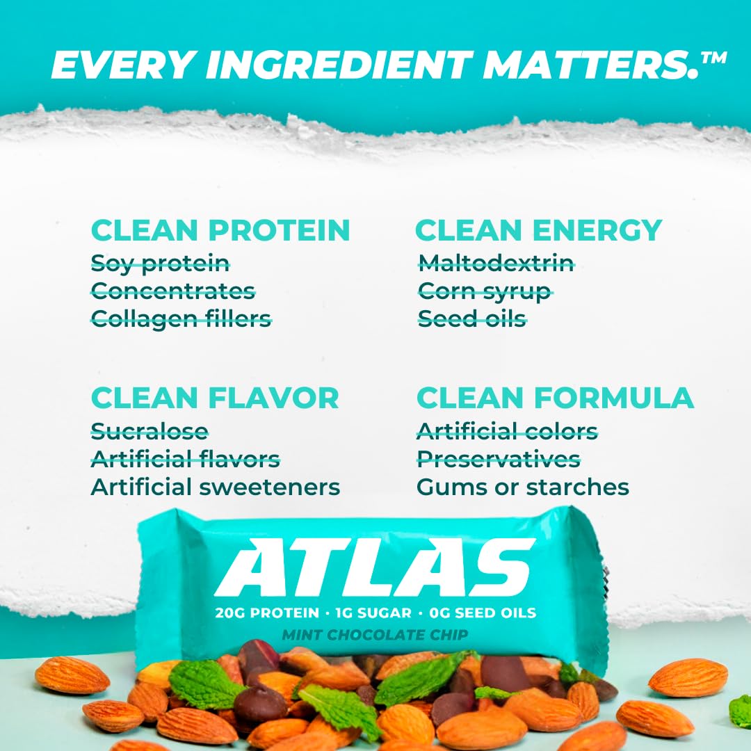 Atlas Protein Bars - Mint Chocolate Chip Flavor, 20g Protein, 1g Sugar, Gluten Free, Clean Ingredients - 24 Bars