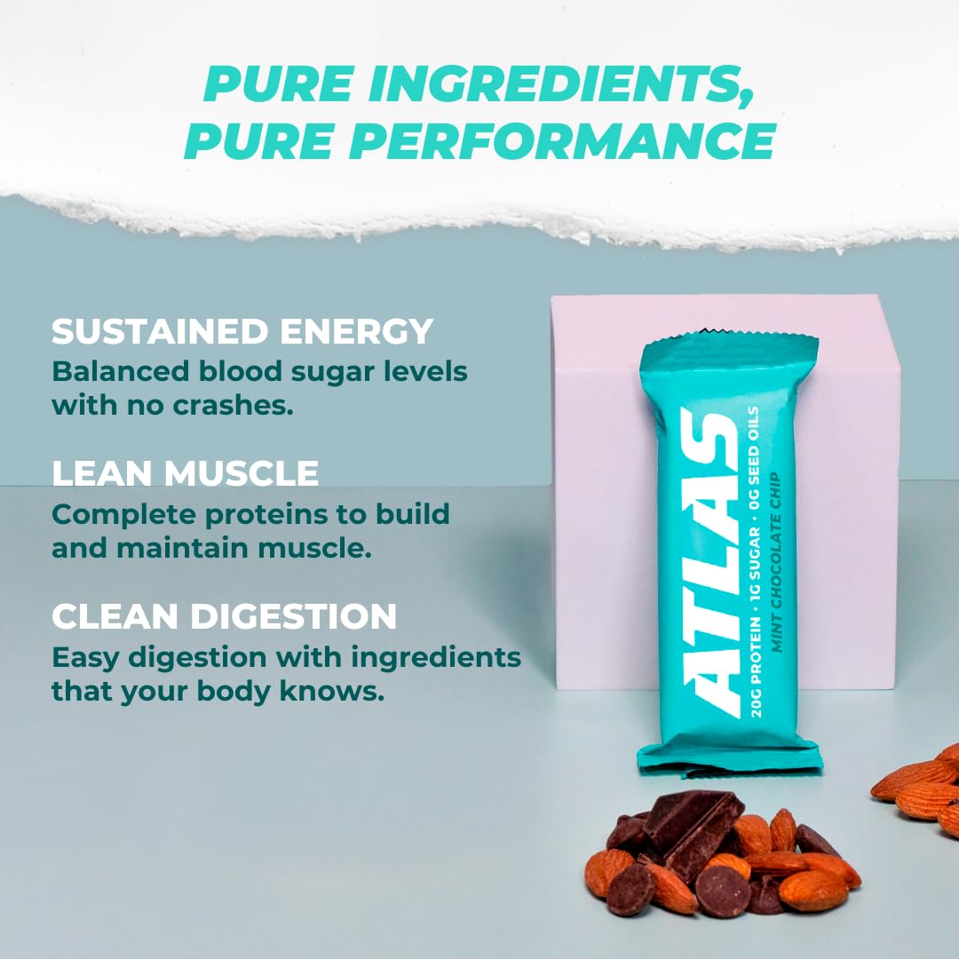 Atlas Protein Bars - Mint Chocolate Chip Flavor, 20g Protein, 1g Sugar, Gluten Free, Clean Ingredients - 24 Bars