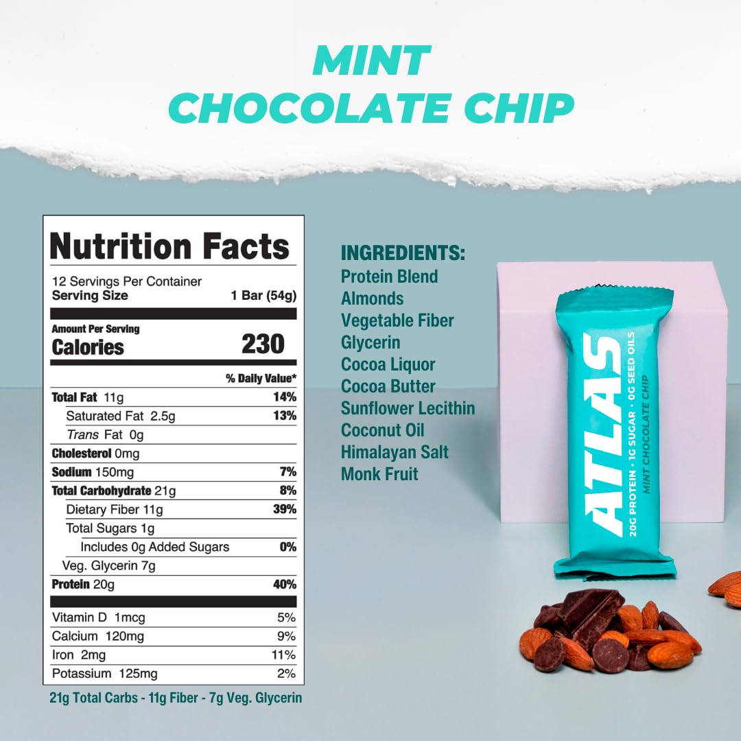 Atlas Protein Bars - Mint Chocolate Chip Flavor, 20g Protein, 1g Sugar, Gluten Free, Clean Ingredients - 24 Bars
