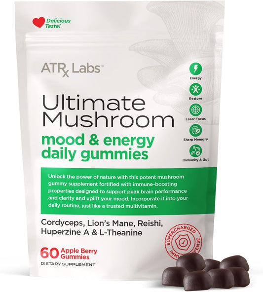ATRx Labs Apple Berry Mushroom Gummies with Cordyceps, Lion’s Mane, Reishi, Huperzine A & L-Theanine - 60 Gummies to Boost Mood and Energy