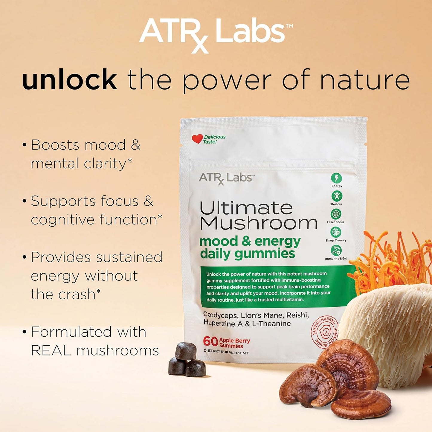 ATRx Labs Apple Berry Mushroom Gummies with Cordyceps, Lion’s Mane, Reishi, Huperzine A & L-Theanine - 60 Gummies to Boost Mood and Energy
