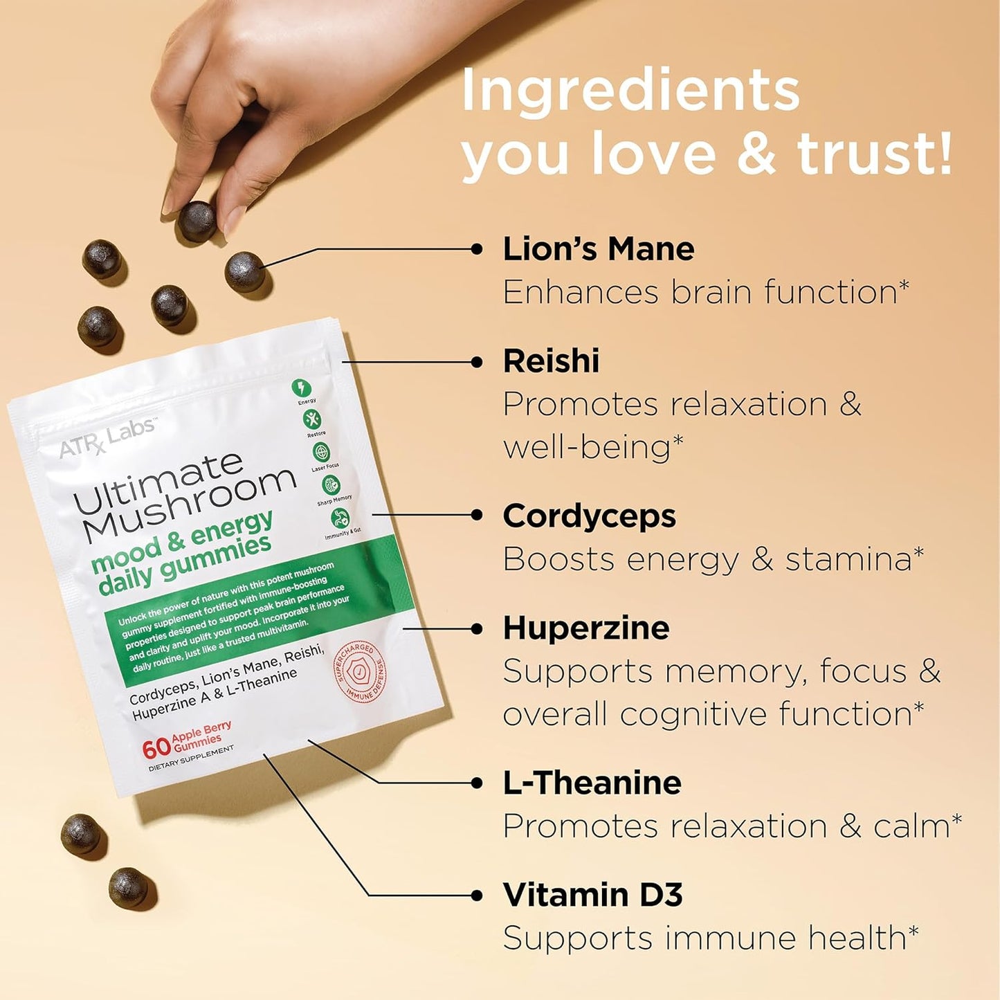 ATRx Labs Apple Berry Mushroom Gummies with Cordyceps, Lion’s Mane, Reishi, Huperzine A & L-Theanine - 60 Gummies to Boost Mood and Energy