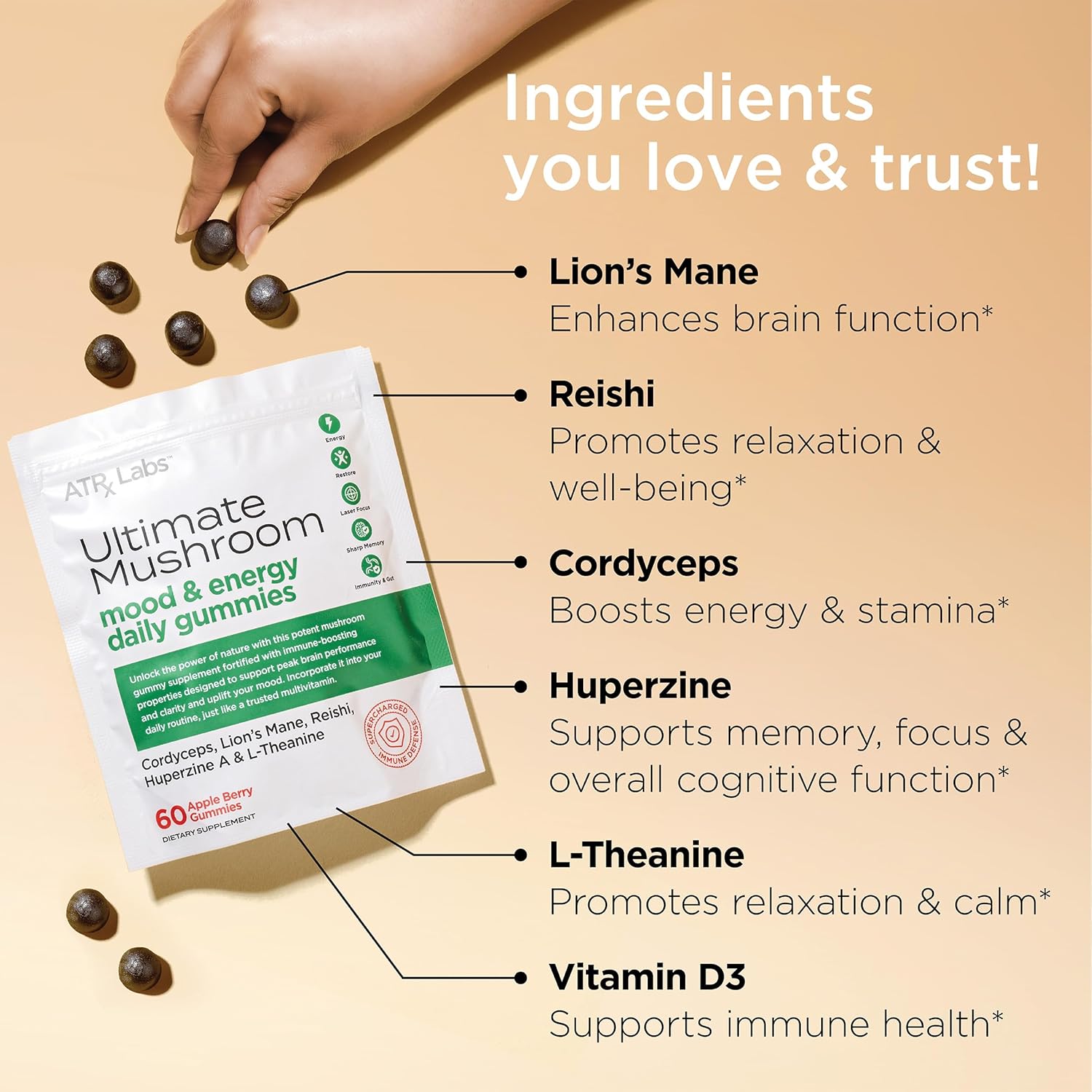 ATRx Labs Apple Berry Mushroom Gummies with Cordyceps, Lion’s Mane, Reishi, Huperzine A & L-Theanine - 60 Gummies to Boost Mood and Energy