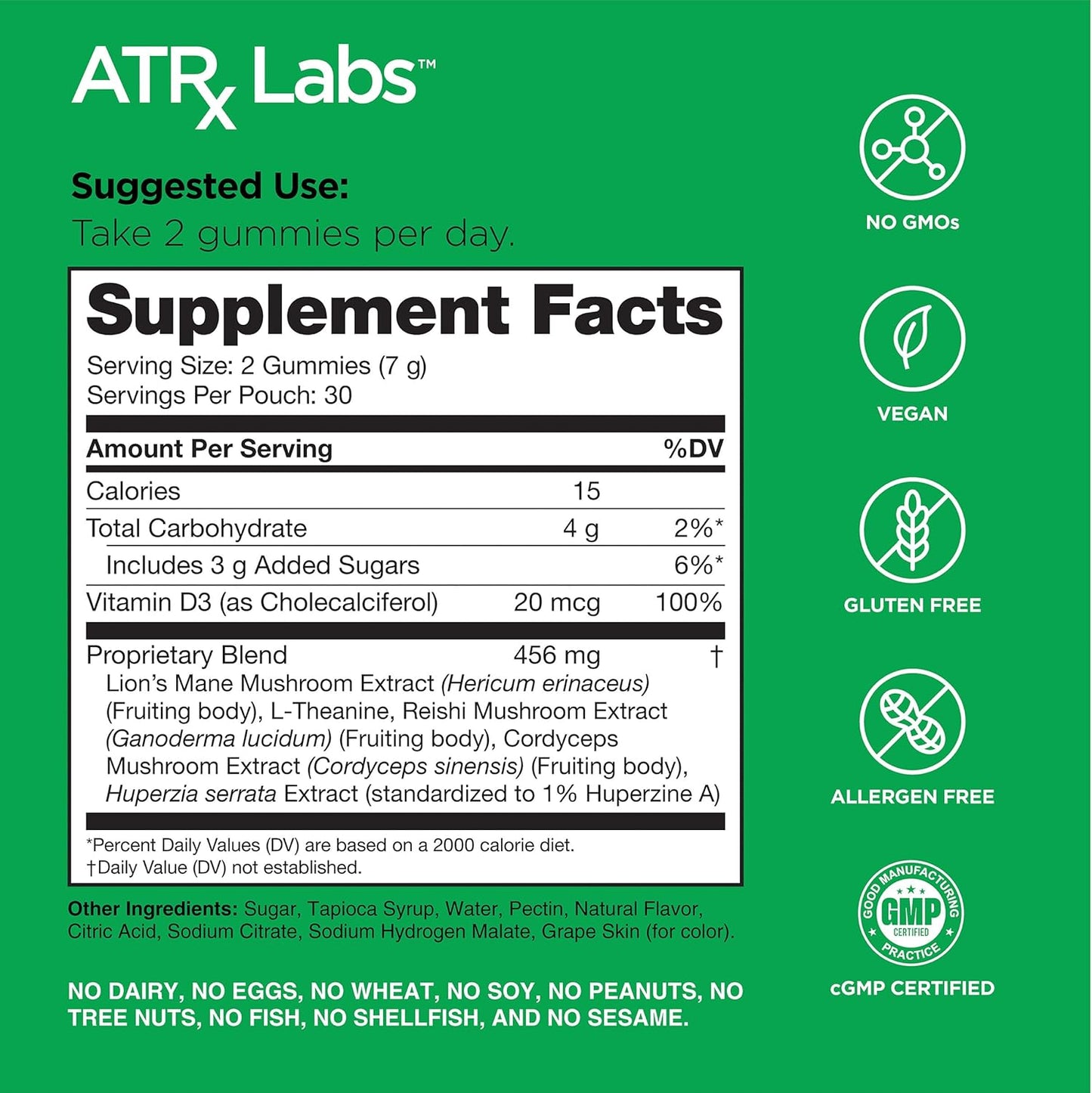 ATRx Labs Apple Berry Mushroom Gummies with Cordyceps, Lion’s Mane, Reishi, Huperzine A & L-Theanine - 60 Gummies to Boost Mood and Energy