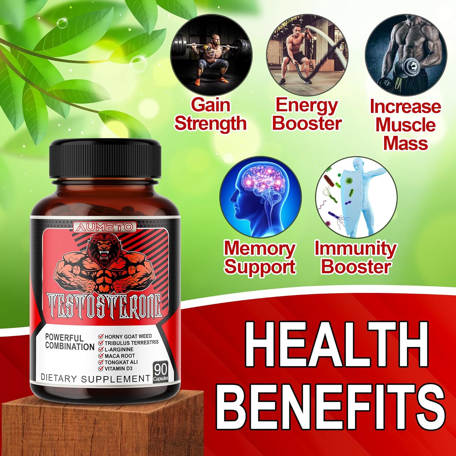 AUMETO 8IN1 Ultra Test Support Supplement with Tribulus Terrestris, Tongkat Ali, Maca Root, Beet Root, L-Arginine, Vitamin D3 - Enhanced Strength, Stamina & Muscle Growth - 90 Capsules