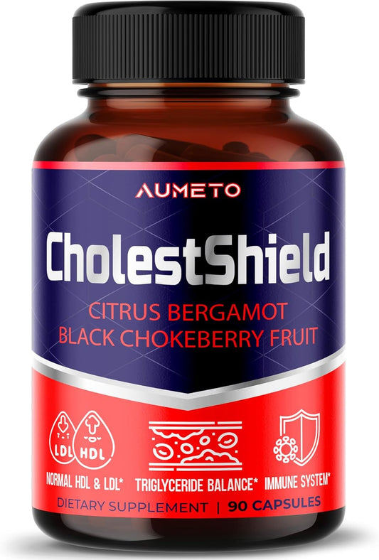 AUMETO CholestShield - Advanced 14-in-1 Formula for Healthy Cholesterol Levels - Citrus Bergamot, Black Chokeberry, Hawthorn Berry - USA Made - 90 Count