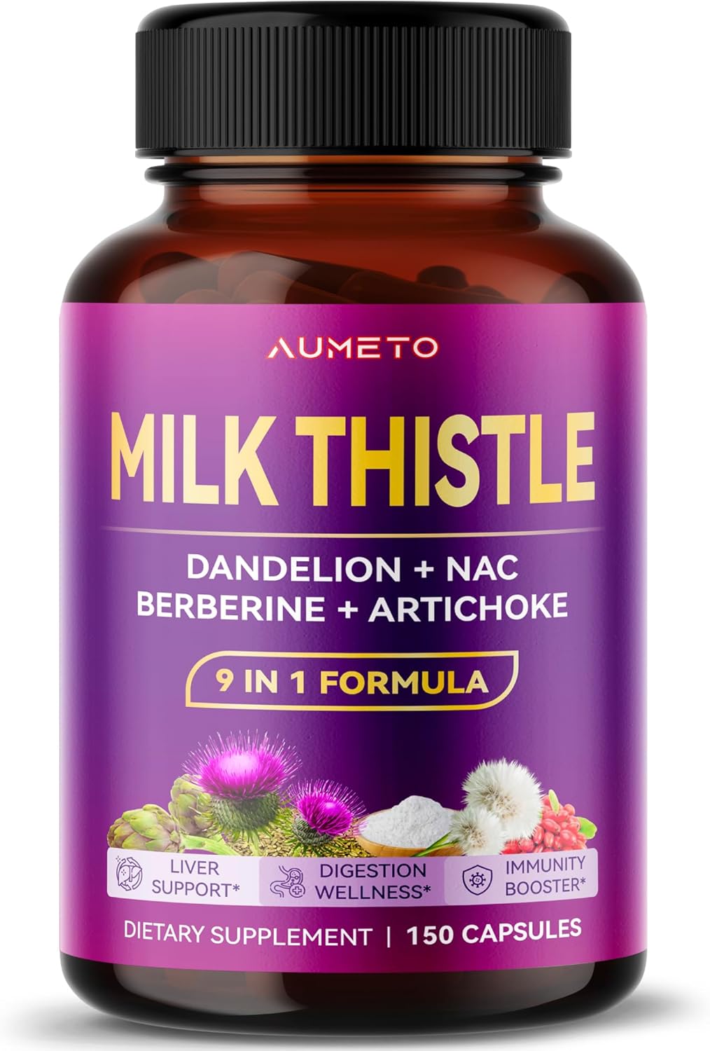 AUMETO Ultra Milk Thistle 9 in 1 Formula with Dandelion, NAC, Berberine, and Artichoke - 150 Count Pack for Liver Support