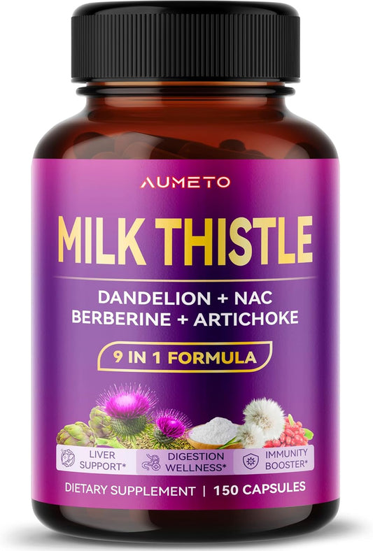 AUMETO Ultra Milk Thistle 9 in 1 Formula with Dandelion, NAC, Berberine, and Artichoke - 150 Count Pack for Liver Support