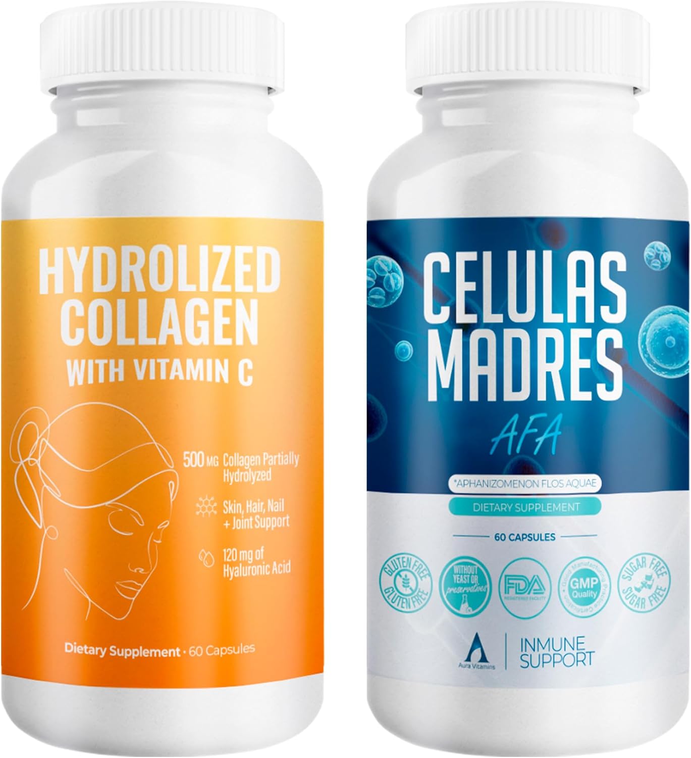 AURA VITAMINS Hydrolyzed Collagen & AFA Stem Cell Antioxidant Bundle for Skin, Hair, and Nails - 120 Capsules
