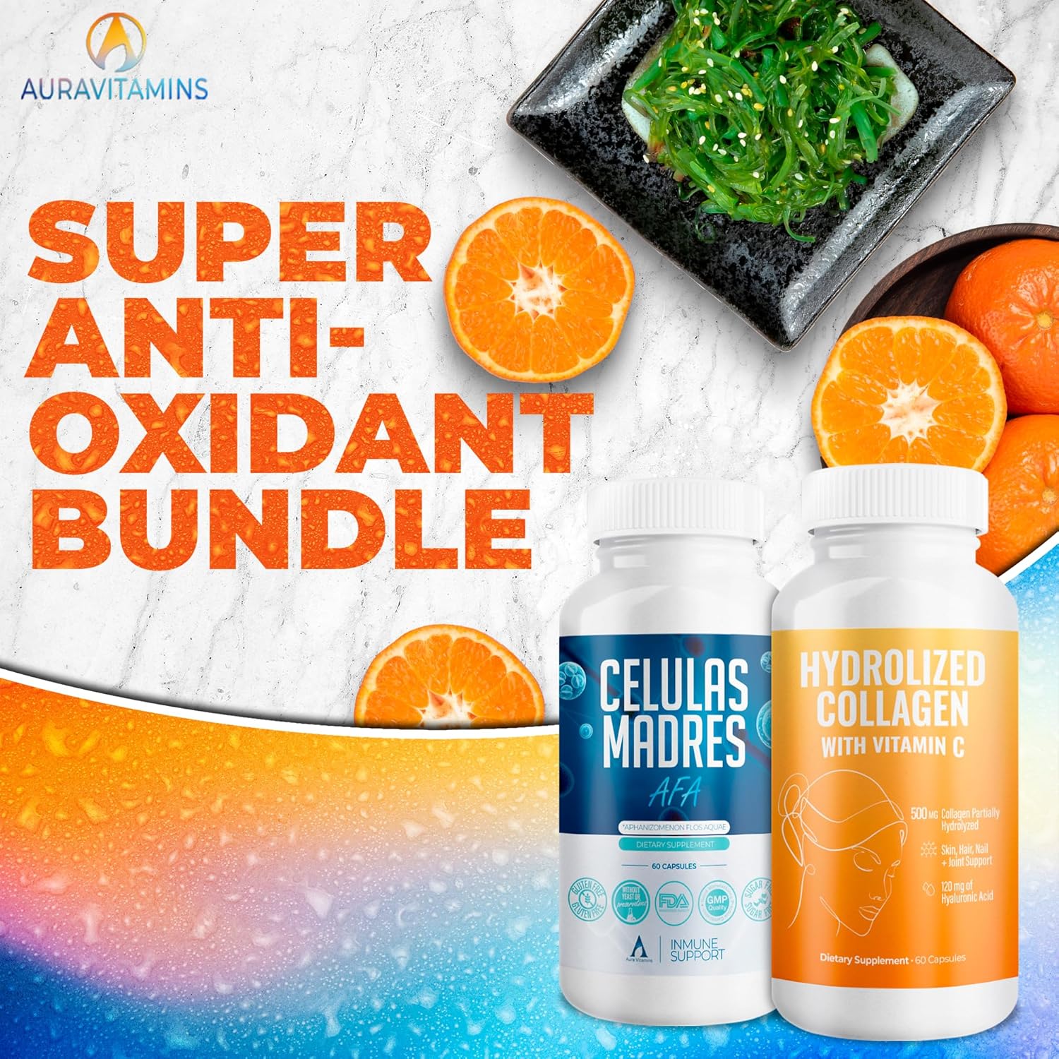 AURA VITAMINS Hydrolyzed Collagen & AFA Stem Cell Antioxidant Bundle for Skin, Hair, and Nails - 120 Capsules