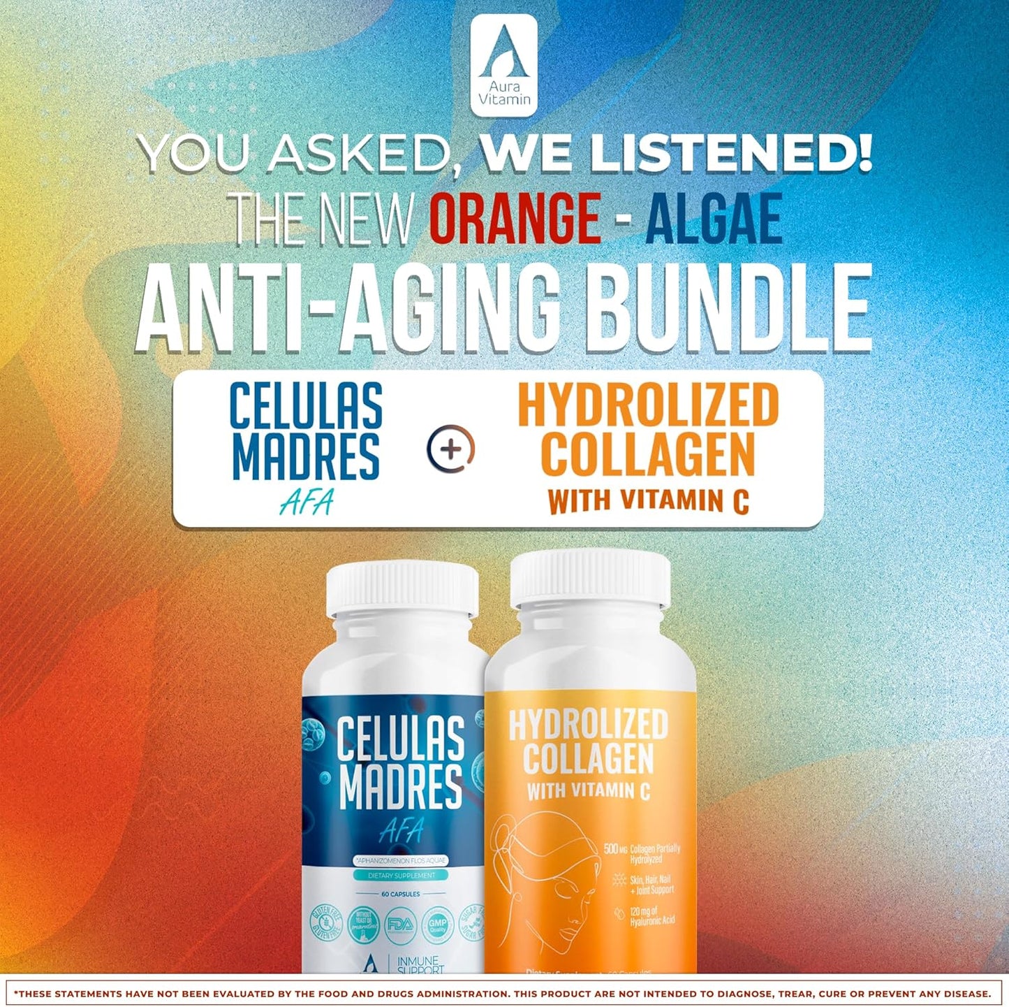 AURA VITAMINS Hydrolyzed Collagen & AFA Stem Cell Antioxidant Bundle for Skin, Hair, and Nails - 120 Capsules