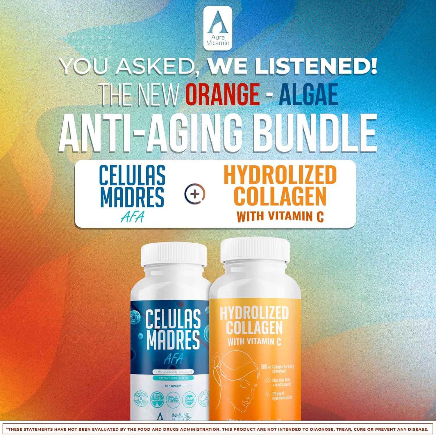 AURA VITAMINS Hydrolyzed Collagen & AFA Stem Cell Antioxidant Bundle for Skin, Hair, and Nails - 120 Capsules