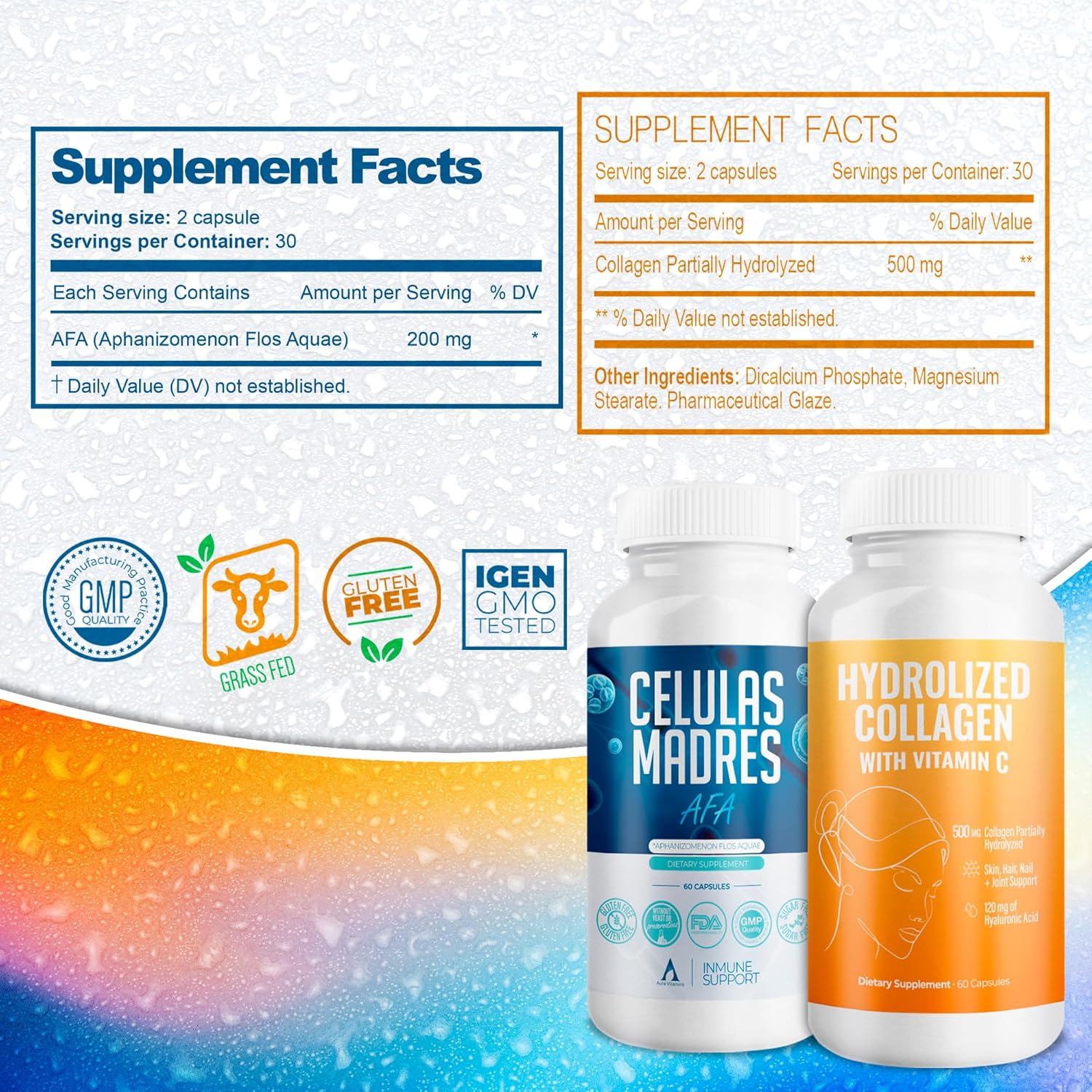 AURA VITAMINS Hydrolyzed Collagen & AFA Stem Cell Antioxidant Bundle for Skin, Hair, and Nails - 120 Capsules